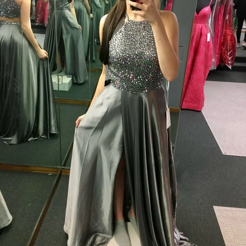 Sherri Hill Silver Beaded Halter Prom Dress - Picture 2 of 10